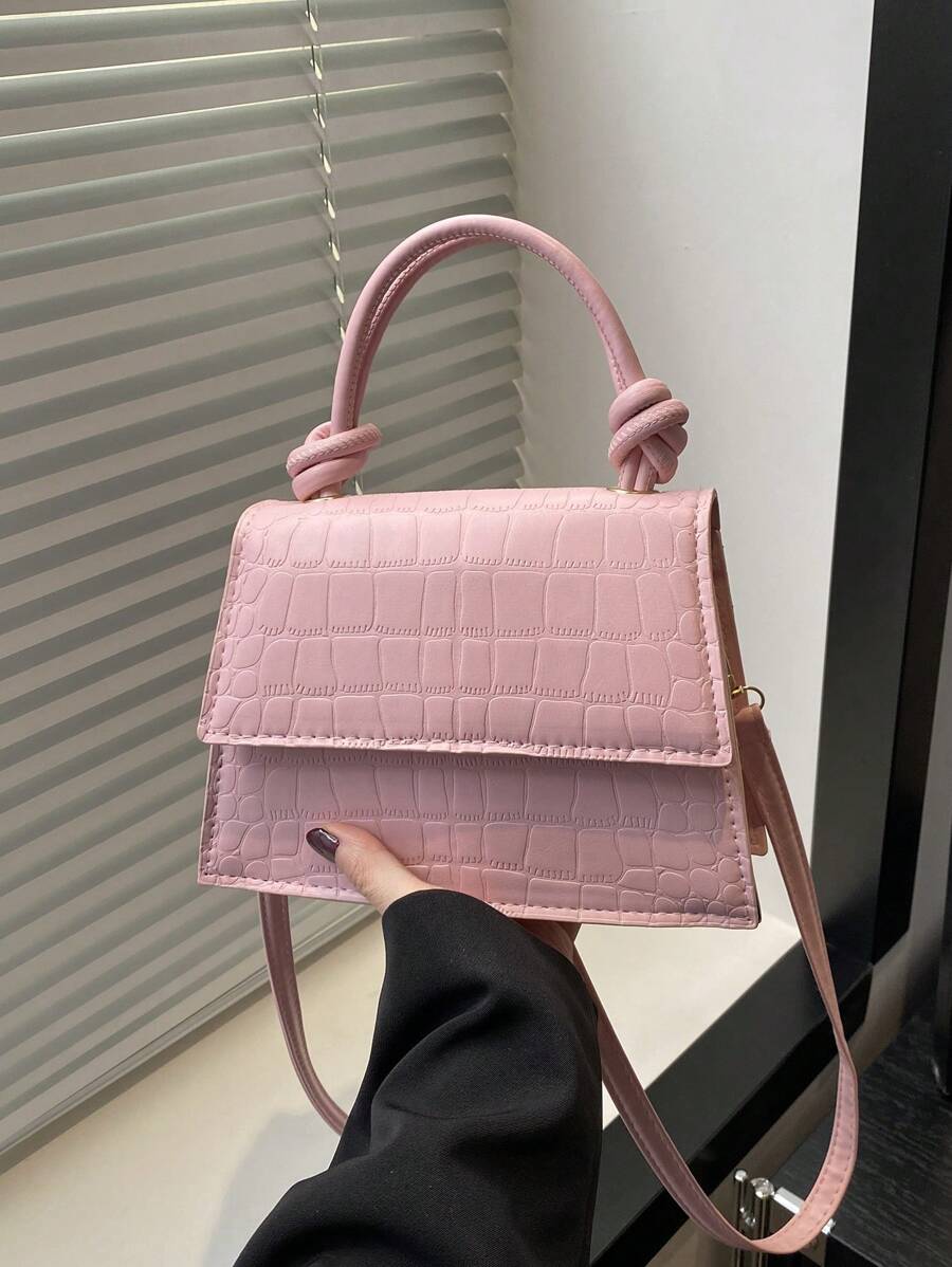 时尚纯色鳄鱼纹压花方形单肩斜挎包翻盖包，适合逛街、钱包、购物、年轻女性、大学生、新人、白领。非常适合办公室、大学、工作、商务、通勤、户外活动、旅行和郊游