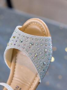 1 par de sandalias de princesa con diamantes de imitación y brillo para niñas, zapatos de baile de suela blanda con correa para el tobillo y punta abierta para niños