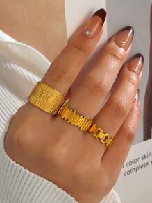 1 件/3 件不锈钢金色几何不对称垂直条纹戒指，复古时尚百搭设计，适合女性日常、派对、节日穿着、送礼、旅行和摄影 - 彩色 - 查看 1