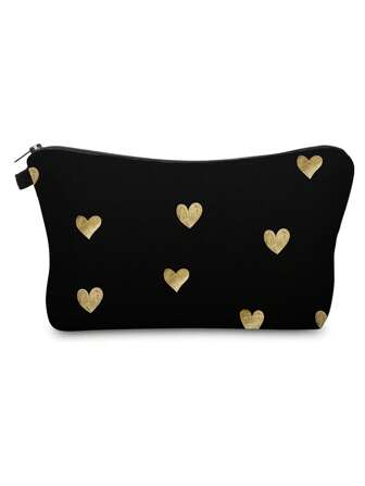 1 件女士金色心形/粉色心形印花化妆包，便携式化妆包适用于钱包、旅行、洗漱用品、配件收纳拉链袋，创意礼物