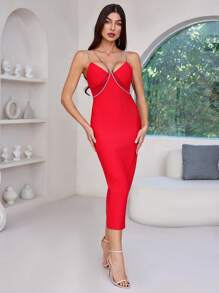 Bernatova Fashion Ladies Spaghetti Strap Rhinestone Red Long Sexy Women Midi Evening Dresses Elegant For RedCarpet, Birthday, Wedding Guest, Cocktail Party - Red - View 1