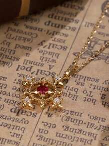 1pc 925 Sterling Silver Sun Shaped Hollow Red Zirconia Pendant Necklace, Elegant Vintage Style Suitable For Women Everyday, Holiday & Party, Jewelry Gift