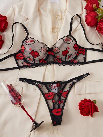 2 pièces Style Dream Soutien-gorge transparent en dentelle noire brodée avec imprimé lèvres sexy pour femmes, lingerie romantique, convient pour la Saint-Valentin, la lune de miel, soutien-gorge ultra fin