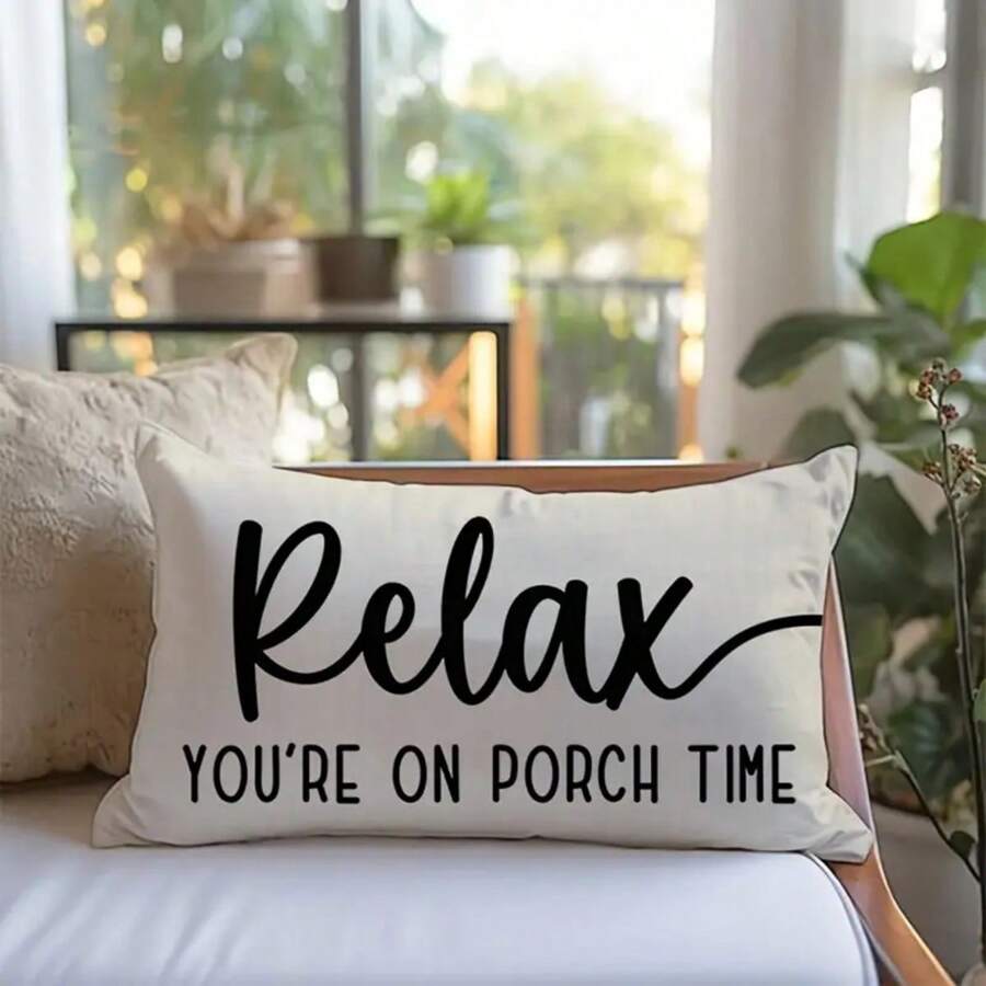 Modern Linen Throw Pillow Cover - "Relax, Enjoy Porch Time" Text, Woven Farmhouse Style Lumbar Pillow Sham With Zipper Closure, Suitable For Sofa, Lounge Chair And Various Rooms - Machine Washable, Autumn Decor, Room Decor - Multicolor - View 1