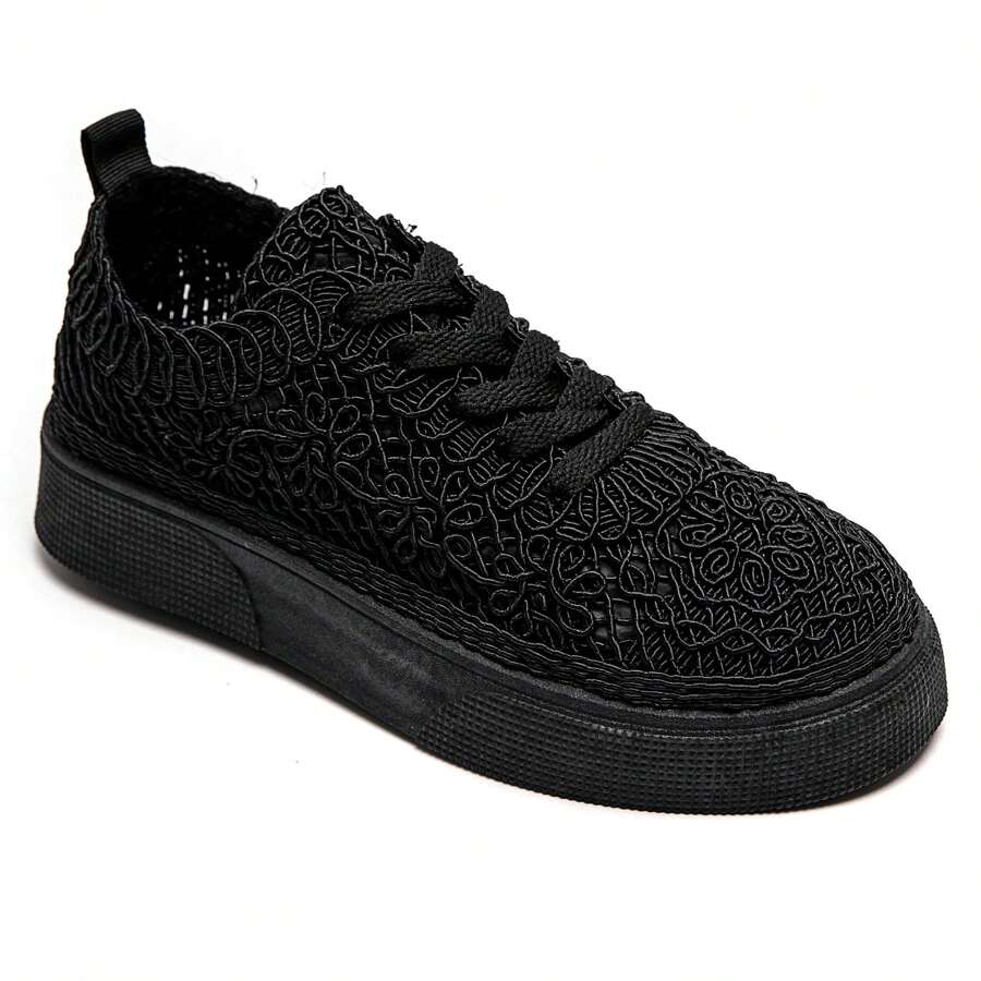 Low-Top Lace-Up Sneakers With Openwork Upper And Platform Sole - Black - View 1