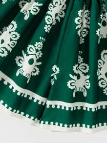 Conjunto de 2 peças de roupa casual para meninas adolescentes: regata sem mangas de malha canelada verde-menta com recortes + shorts largos com estampa floral de damasco verde-menta, adequado para uso casual diário de meninas, primavera/verão - Verde escuro - Ver 7