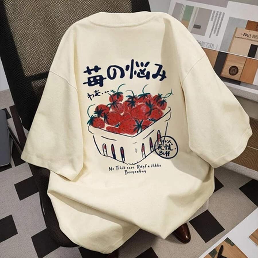 Strawberry Japanese Unisex Cotton Basic T-Shirt - Kem - Xem 1