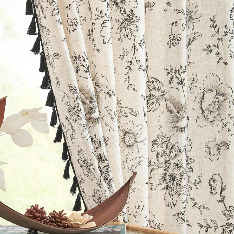 1pc Watercolor Style Floral Pattern Curtain With Black Tassel Fringe Sheer - Multicolor - View 1