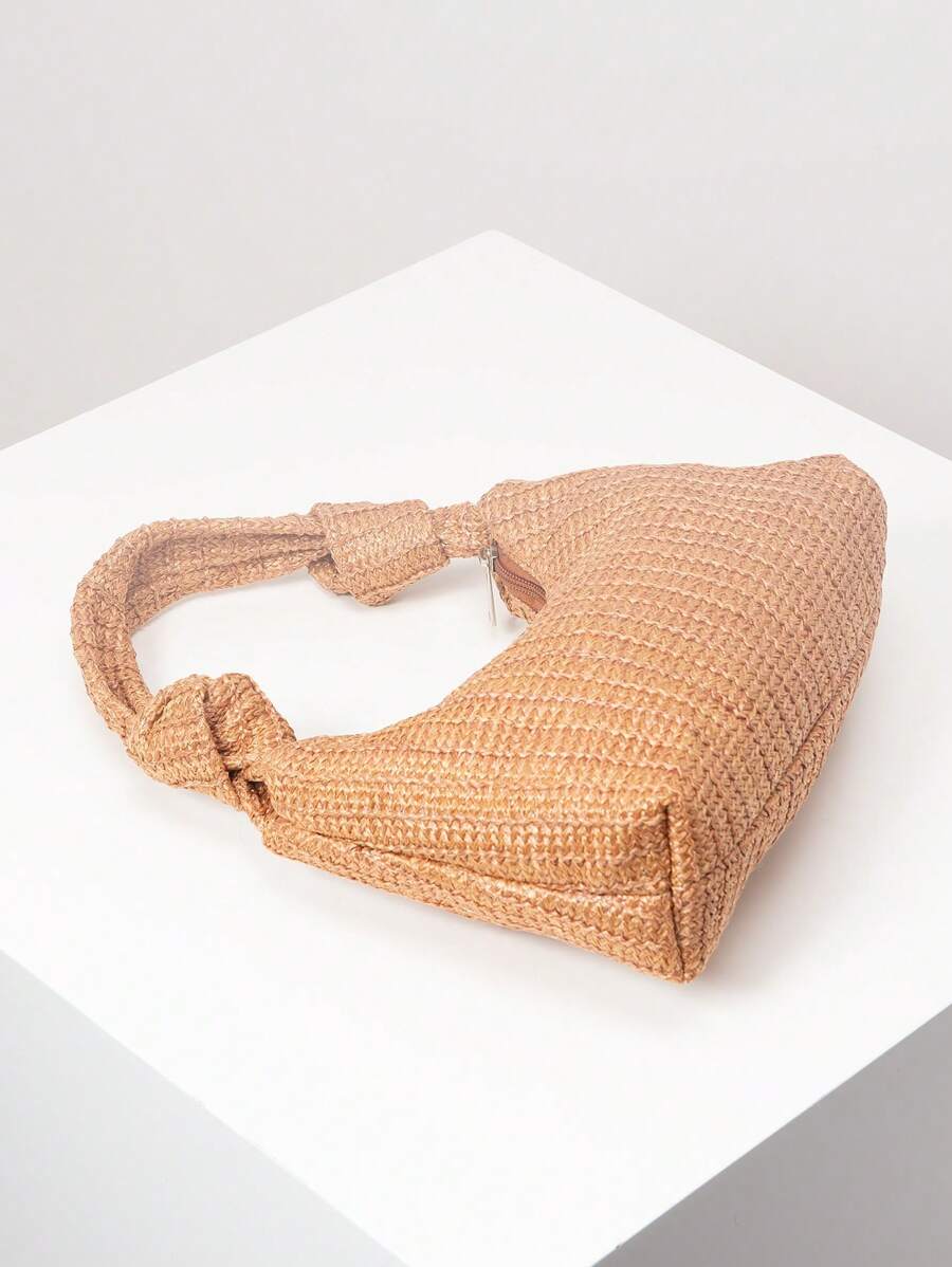 Vintage Woven Tote Bags For Ladies, Knotted Handle Handbag, Holiday Essentials, Boho Beach Purse, Summer Casual Straw Wallet (Pattern Random) - Brown - View 1
