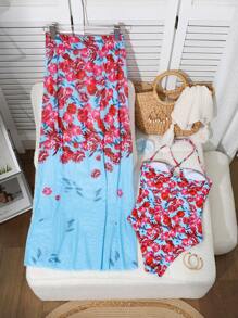 Women's One-Piece Swimwear Set, Printed Long Dress Fashionable Beach Resort Summer Swimwear