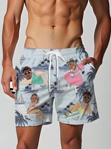 Pantaloncini da spiaggia hawaiani uomo personalizzati con stampa di palme di cocco, con possibilità di aggiungere foto di amanti/coppia, casual, comodi, adatti per qualsiasi avventura estiva, regali di compleanno divertenti, ornamentali, eleganti, alla moda, hipster, sobri, facili da indossare, moda modesta, minimal chic, casual, unici, personalizzati, regali ideali per lui, famiglia, fidanzato, amici, bambini