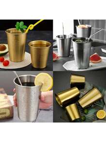 不锈钢杯不易破碎防碎金属饮料杯便携式单层卷杯适用于户外野餐、露营、啤酒和果汁、防碎酒吧、餐厅金银色 - 彩色 - 查看 3