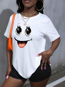 可爱女鬼笑脸万圣节派对圆领短袖 T 恤 - 白色 - 查看 2