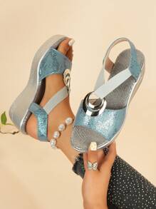 Plus Size Women's Snake Skin Pattern Strap Elastic Buckle Design Thick Platform Wedge Blue Sandals, Fashion Simple Waterproof Thick Sole Campus Style Breathable Beach Holiday Bohemian Thick Bottom Wedge Sandals