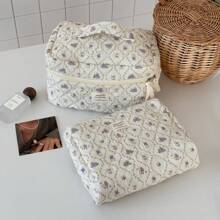 Lace Purple Rabbit Design Makeup Bag, Soft Fabric Zipper Closure Cartoon Cute Vintage Large Capacity Toiletry Bag, Suitable For Home, Travel, Daily Use Travel Essentials Travel Accessories Travel Must Haves