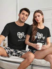 Tricou cu mânecă scurtă de vară pentru femei, cu imprimeu de inimă și litere, pantaloni scurți cu imprimeu în carouri, costum de acasă asortat pentru cupluri