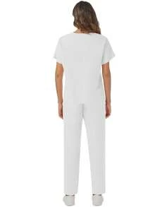Conjunto de uniforme de ropa médica con top de manga corta cuello en V de unicolor y pantalones de cintura elástica con bolsillos múltiples - Blanco - Ver 2