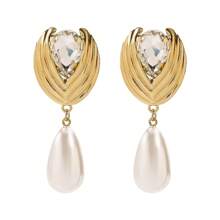1 Pair Elegant Geometric Metal Rhinestone & Pearl Decorative Pendant Earrings, Suitable For Women's Daily Wear