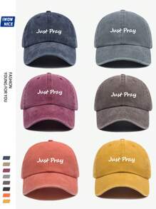 1 件高品质都市风格复古水洗“Just Pray”印花时尚棒球帽男女通用，可调节贴合度，防晒，编织涤纶材料，是送给家人和朋友节日的理想礼物，适合休闲和度假 - A - 查看 2