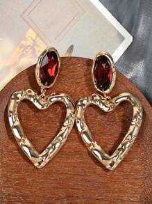 1 Pair Fashionable Hollow Heart Gemstone Alloy Heart Tassel Long Dangle Earrings For Women
