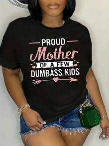 Camiseta de Talla con Estampado de Madre, Top Casual de Manga Corta y Cuello Redondo para Primavera y Verano, Ropa de Talla para Mujeres - Negro - Ver 4