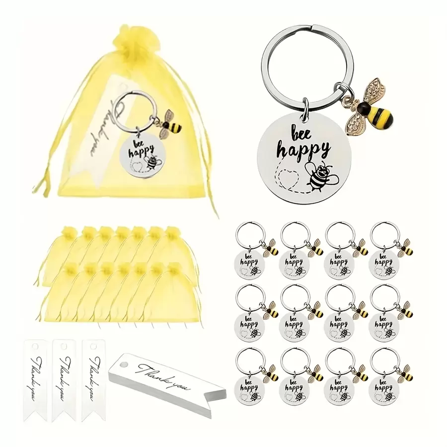 Conjunto de 36 Chaveiros de Aço Inoxidável "Bee Happy" - Anéis de Chave Inspiracionais Simples para Lembrancinhas de Festa, Apreciação de Professores, Formatura, Despedida - Acessórios Novidade Duráveis para Homens. O Conjunto Inclui 12 Chaveiros, 12 Cartões e 12 Sacolas. Acessórios de Halloween, Ideias de Presentes para o Dia dos Professores, Natal, Acessórios de Sacola, Cordões com Porta-Crachá, Acessórios de Carro, Encantos de Sacola