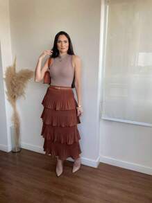 4 Layer Pleated Skirt S-1 - 棕色 - 查看 1