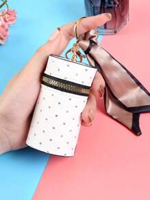 1PC Printed Lipstick Coin Cylinder Wallet, Lipstick Organizer, Retro Classic Pouch With Scarf Decor Zipper Portable Multifunctional Bag Vintage Key Bag, Decor Multi-Functional Women's Lipstick Barrel Keychain Pendant Key Chain Charms Car Accessories Women Wallet Keychain Jewelry Box Mini Bag Keychain