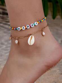 2 piezas Tobilleras con cuentas de estilo bohemio y pendiente de concha con la letra "HAPPY" de colores, accesorio de moda para vacaciones de verano en la playa