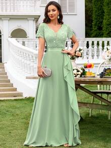 MIUSOL Deep V-Neck Contrast Sequin Lace Ruffle Trim Chiffon Formal Party Maxi Dress, For Valentine's Day - Mint Green - View 5