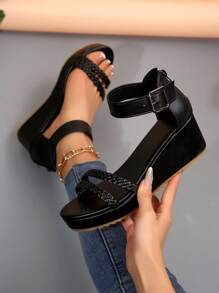 Sandalias de cuña con correa de tobillo y hebilla, sandalias negras de moda para mujer