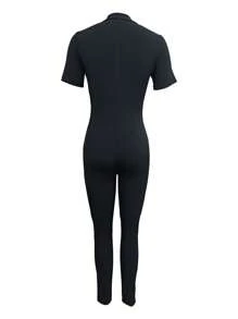 Sexy Streetwear Fitted Zip-Up Short Sleeve V-Neck Jumpsuit Unitard, , Fashionable For Spring And Summer