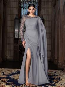 Abito da sera elegante Faeriesty con maniche lunghe, asimmetrico, con perline e mantella in chiffon - scollo tondo e spacco alto, combinazione di tessuto con perline e chiffon per matrimoni e gala primaverili ed estivi (eleganza di lusso, fascino sofisticato) - Grigio - Visualizzare 4