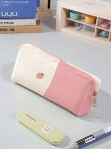 1pc Pink Check Bow Pattern Printed Corduroy Pencil Case, Double-Sided Print Stationery Pouch, Portable Multi-Function Office Supply Pencil Holder Study Storage Bag
