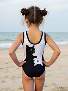 Young Girls Cute Cartoon Black & White Cat Print One-Piece Swimsuit