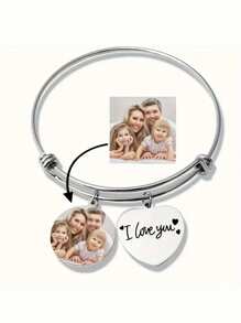 Customized Photo Stainless Steel Bracelet - Simple Style Heart Pendant Bracelet With The Inscription "Always In My Heart", Perfect For Daily And Gift Occasions, Perfect For Mother's Day, Personalized Family Photo Customization. - Silver - View 6