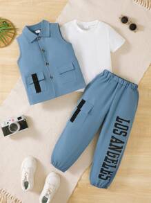 BrownBark Set casual per ragazzi: 3 pezzi con t-shirt a maniche corte tinta unita, giubbotto smanicato da esterno e pantaloni cargo casual, comodo e versatile - Blu - Visualizzare 2