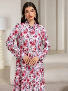 Vestido largo de manga larga con cuello, estampado, parches y botones para mujer, modesto - Rojo - Ver 1