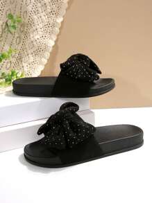 女士厚底蝴蝶结装饰加大码平底凉鞋，黑色软底休闲沙滩拖鞋