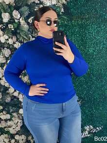 Plus Solid High Neck Blouse - Blue - View 2