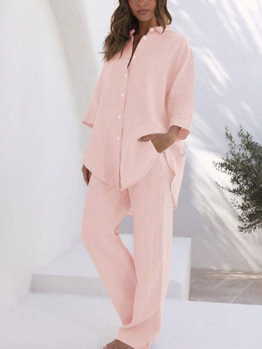 Women's 2 Piece Outfits Sets Button Down Half Sleeve Shirts And Long Pants Sets Summer Casual - Hồng - Xem 1