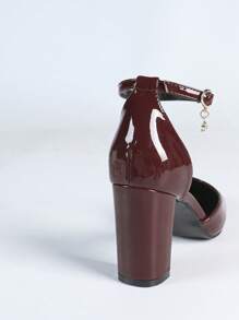 Plus Size Women Maroon Strap Burgundy High Heel Pumps, Pointed Toe Thick Heel Office Work Shoes, Suitable For Dresses, Spring/Autumn - Burgundy - View 3