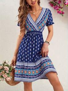 Women's Fashion Print Shirred Waist Short Sleeve Dress - Blue - View 1