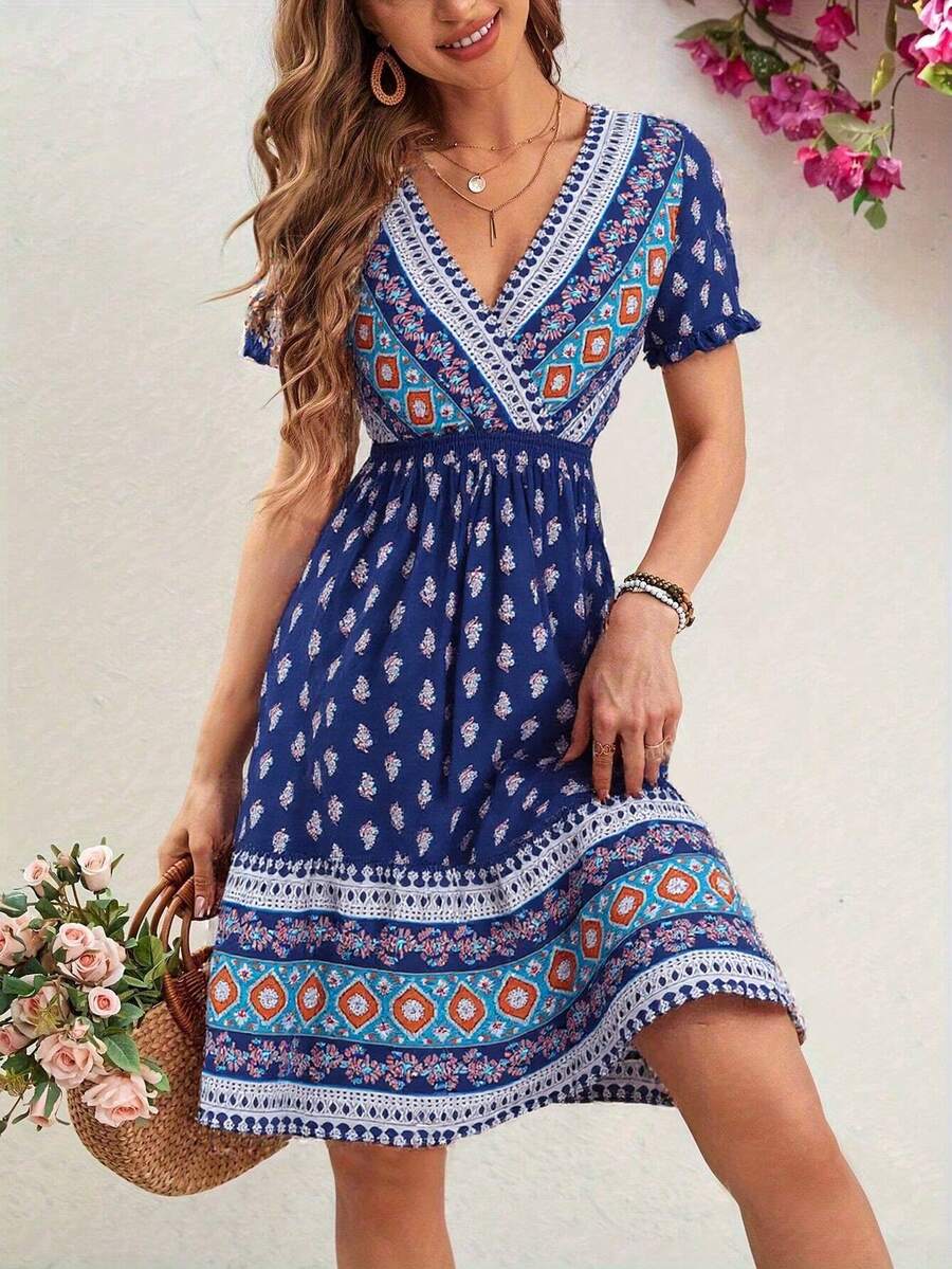 Women's Fashion Print Shirred Waist Short Sleeve Dress - Blue - View 1