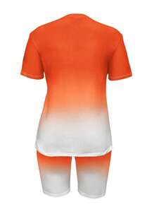 A Set Of Two Women'S Plus-Size Casual Polyester Gradient Printed Short-Sleeve Round-Neck Tops And Shorts, Made From Knitted Fabric, Featuring A Standard Fit Without A Belt, Perfect For Spring And Summer Collection. - Gradient Orange - View 3