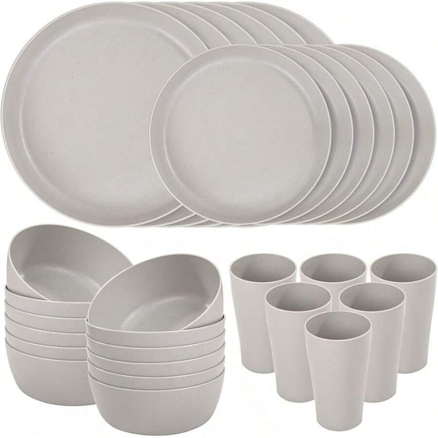 EI 24pcs Grey Wheat Straw Dinnerware Set Of 6,Reuasble Unbreakable Dinner Plates,Wheat Plates And Bowls Sets For Camping,Picninc,Family Dinner - 24件灰色小麥秸稈盤子和碗杯 - 查看 1