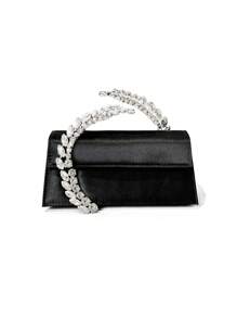 Elegant Satin Shoulder Bag, Women's Fashion 3D Rhinestone Handbag, Asymmetric Super Shiny Crystal Evening Clutch Bag, Lightweight Portable With Detachable Chain, Zipper Closure, Black, Polyester Lining, No Print, Not Washable - Black - View 1