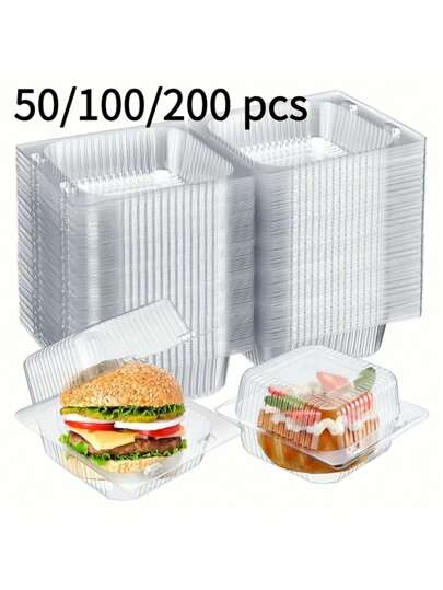 50pcs Portable Plastic Transparent Storage Boxes, Suitable For Packing Cakes, Cookies, Burgers, Salads, Swiss Rolls, And Other Kitchen Foods