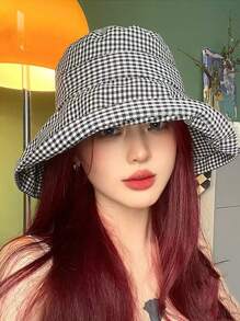 Korean Ins Style Plaid Wide Brim Bucket Hat, UV Protection Sun Hat For Women, Suitable For Spring, Summer And Autumn - Multicolor - View 8