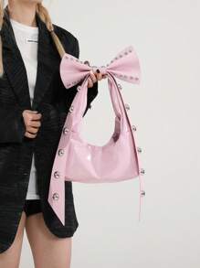 Bolso de mano vintage rosa con personalización de remaches y moño desmontable con forma de media luna de 2 vías, de gran capacidad, tipo bandolera y de hombro, adecuado para primavera/verano, oficina, viajes, casual, compras, citas, regalo para mujeres jóvenes, estudiantes y damas trabajadoras